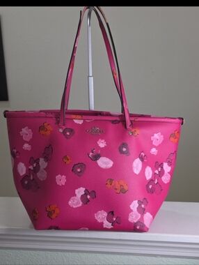 COACH F35161 PINK FLORAL/Silvertone Street Zip Tote Project Bag FAIR